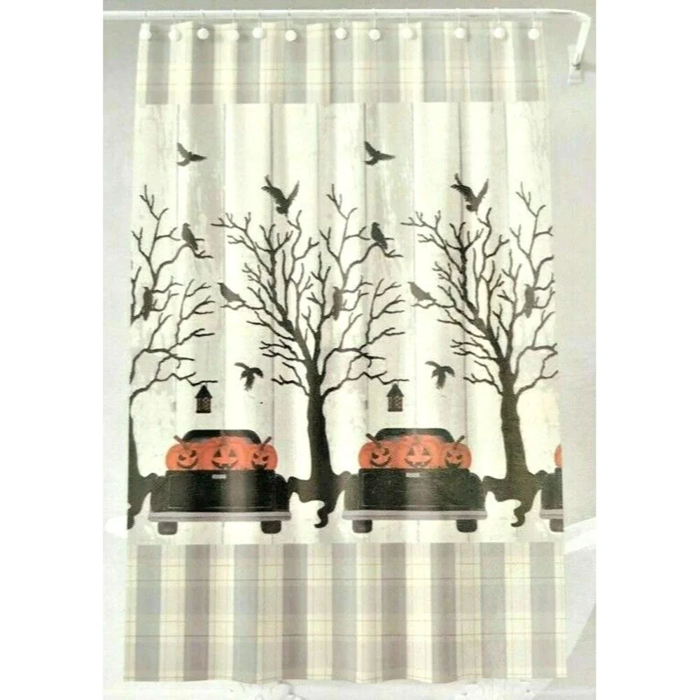 Halloween Black Farm Truck Fabric Shower Curtain Pumpkin Crow Spooky 72x72